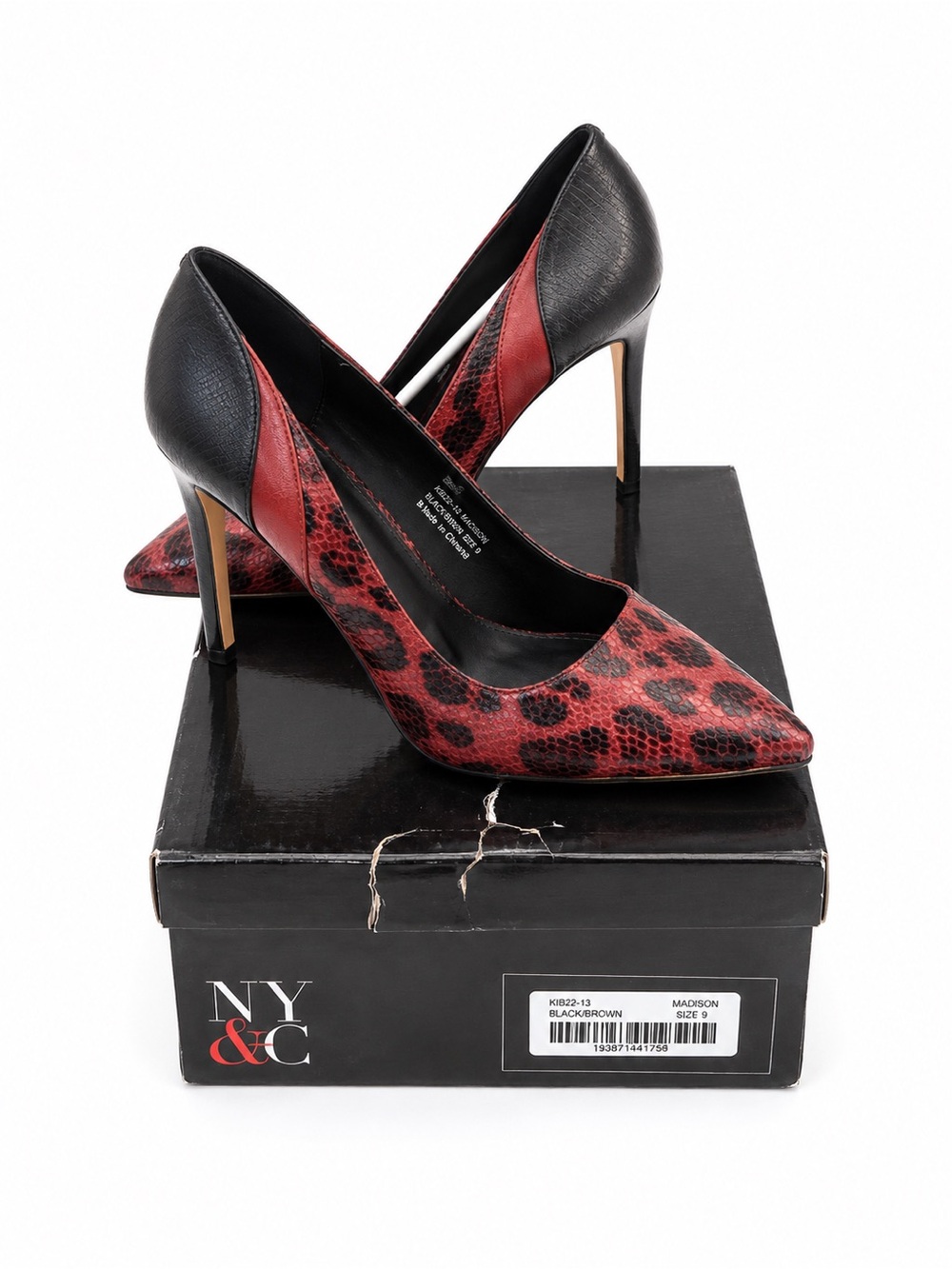 NY&C Madison Pointed-Toe Stiletto Heels – Black/Brown Leopard Print – Size 9 NIB